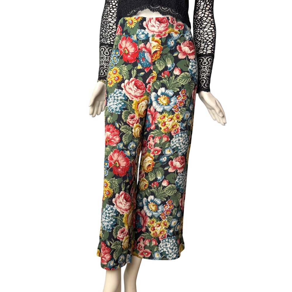 Zara Woman Floral Wide Leg Pants 100% Viscose High Waist Botanical Print Boho M